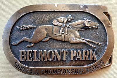 Vintage Belmont Park 1980 Fall Championship Horse Racing Brass Belt Buckle