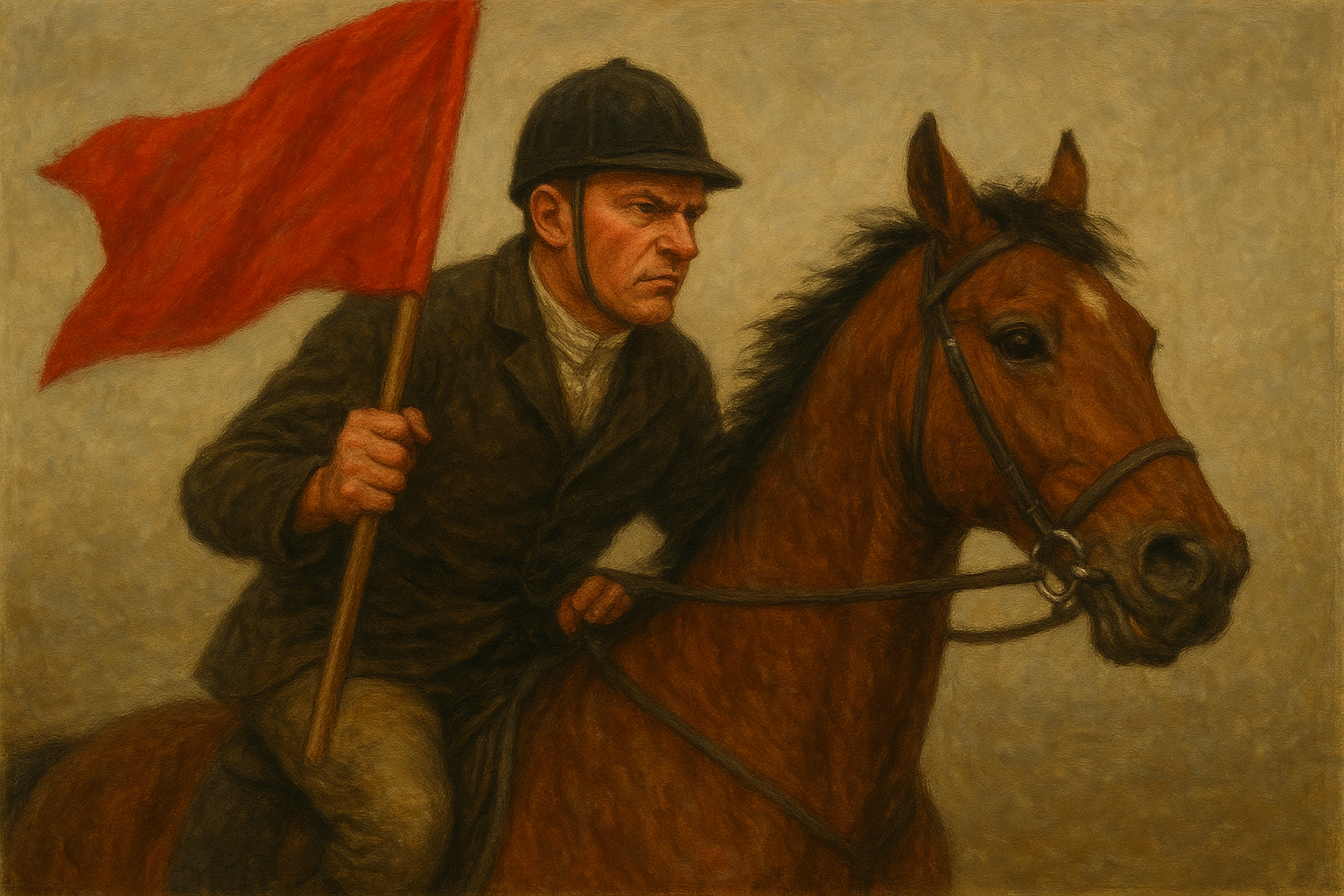 Image is AI Generated - horse and red flag