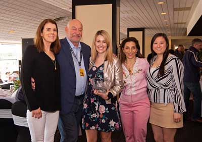 The Thoroughbred Aftercare Alliance accepts the Award of Merit at the 2019 Alibi Breakfast during Preakness week. (Jim McCue/Maryland Jockey Club) The Thoroughbred Aftercare Alliance accepts the Award of Merit at the 2019 Alibi Breakfast during Preakness week. (Jim McCue/Maryland Jockey Club)
