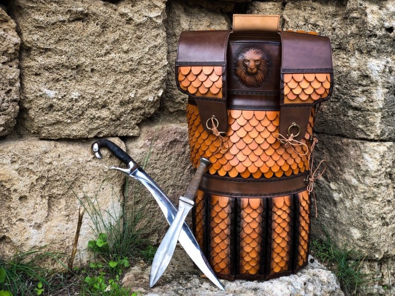 An ancient, scaled leather, thoracic armor, that Greek warriors wore to shield the chest area, made by Epos Custom Leather and commissioned by the Association of Historical Studies Koryvantes, based in Athens, Greece. An ancient, scaled leather, thoracic armor, that Greek warriors wore to shield the chest area, made by Epos Custom Leather and commissioned by the Association of Historical Studies Koryvantes, based in Athens, Greece.