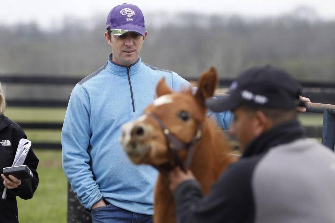 Craig Brogden, who owns the farm with wife Carrie, watched as farm manager Luis Coronado led the foal to his paddock at Machmer Hall farm in Paris. This foal, a colt by Kentucky Derby winner Animal Kingdom, was rejected by his mother at birth, but soon found a new mom in Maizelle, a mare who lost her baby during foaling days before his birth. Photo by Matt Goins Craig Brogden, who owns the farm with wife Carrie, watched as farm manager Luis Coronado led the foal to his paddock at Machmer Hall farm in Paris. This foal, a colt by Kentucky Derby winner Animal Kingdom, was rejected by his mother at birth, but soon found a new mom in Maizelle, a mare who lost her baby during foaling days before his birth. Photo by Matt Goins