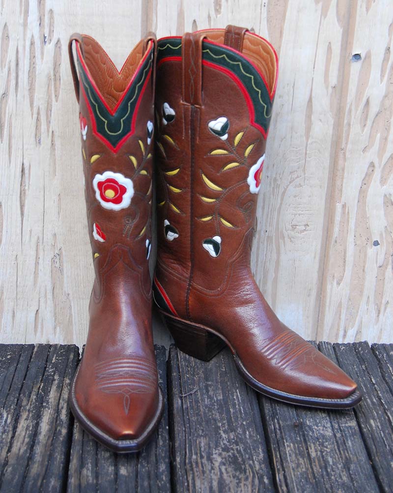Medium Brown Water Buffalo Calf Boots with flower inlays Medium Brown Water Buffalo Calf Boots with flower inlays