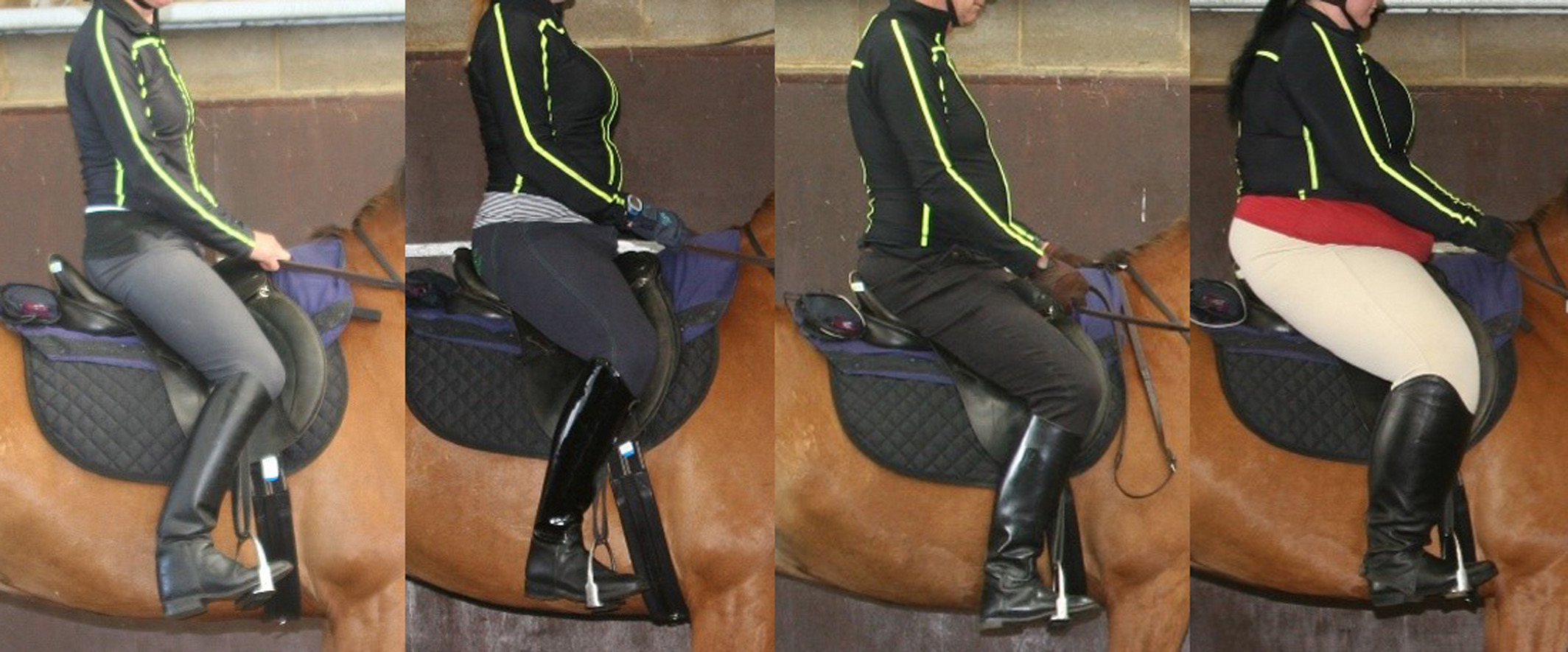 Lateral images of the four riders, from left to right, Light (L), Moderate (M), Heavy (H) and Very Heavy (VH) stationary on Horse 2. The seat of the saddle is of correct length for riders L and M, is short for rider H, who is sitting on the back of the cantle, and is very short for rider VH, whose seat extends beyond the cantle. There is lack of vertical alignment of the shoulder, tuber coxae (‘hip') and heel for riders H and VH. Lateral images of the four riders, from left to right, Light (L), Moderate (M), Heavy (H) and Very Heavy (VH) stationary on Horse 2. The seat of the saddle is of correct length for riders L and M, is short for rider H, who is sitting on the back of the cantle, and is very short for rider VH, whose seat extends beyond the cantle. There is lack of vertical alignment of the shoulder, tuber coxae (‘hip') and heel for riders H and VH.
